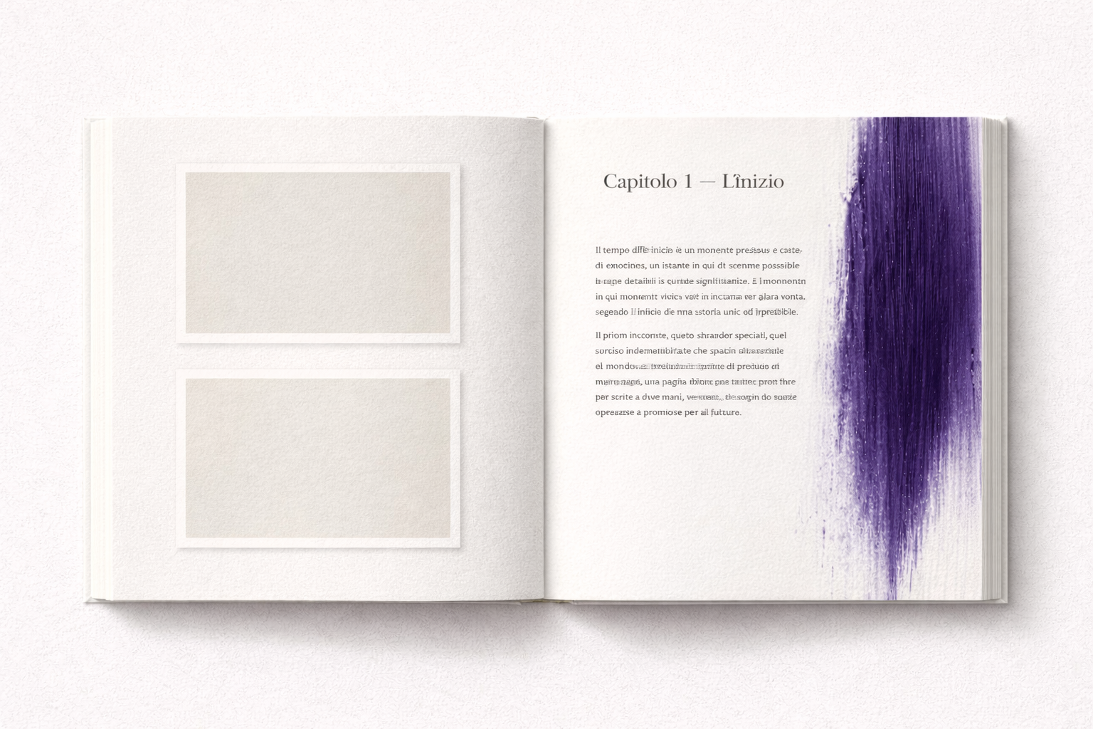 Impaginazione editoriale minimalista con ampi margini e segno pittorico verticale